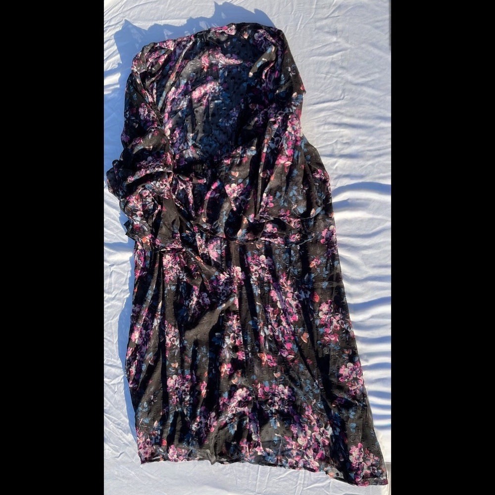 Worn Once--Black Floral Dotted Trench Duster Open-Tunic/Cardigan